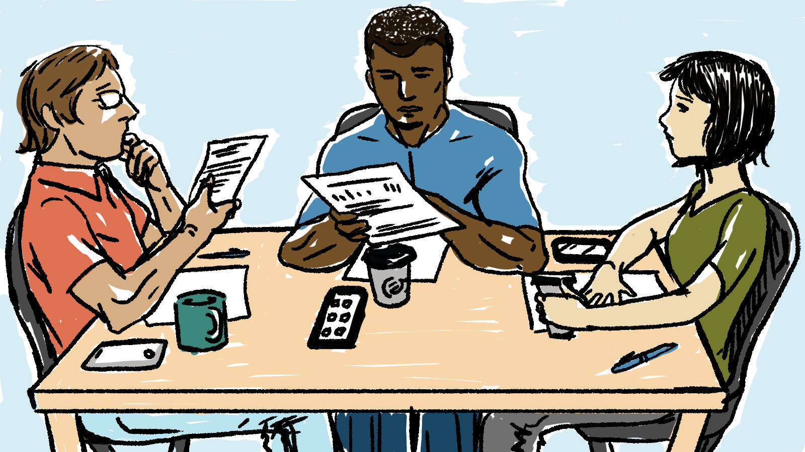 graphic of 3 people seated around a table, discussing topics before coming to an agreement